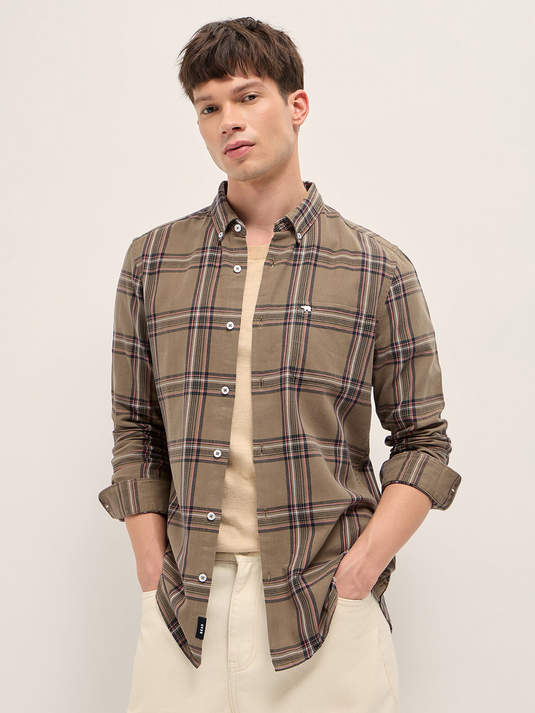 Brown Woven Checked Slim Fit Casual Shirt