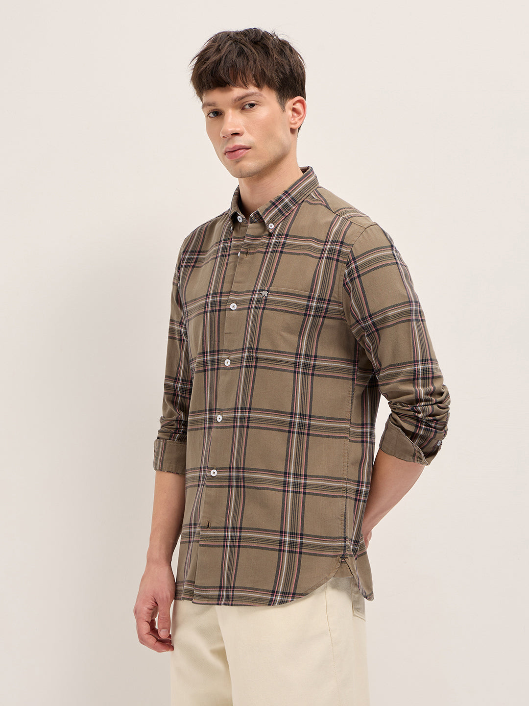 Brown Woven Checked Slim Fit Casual Shirt