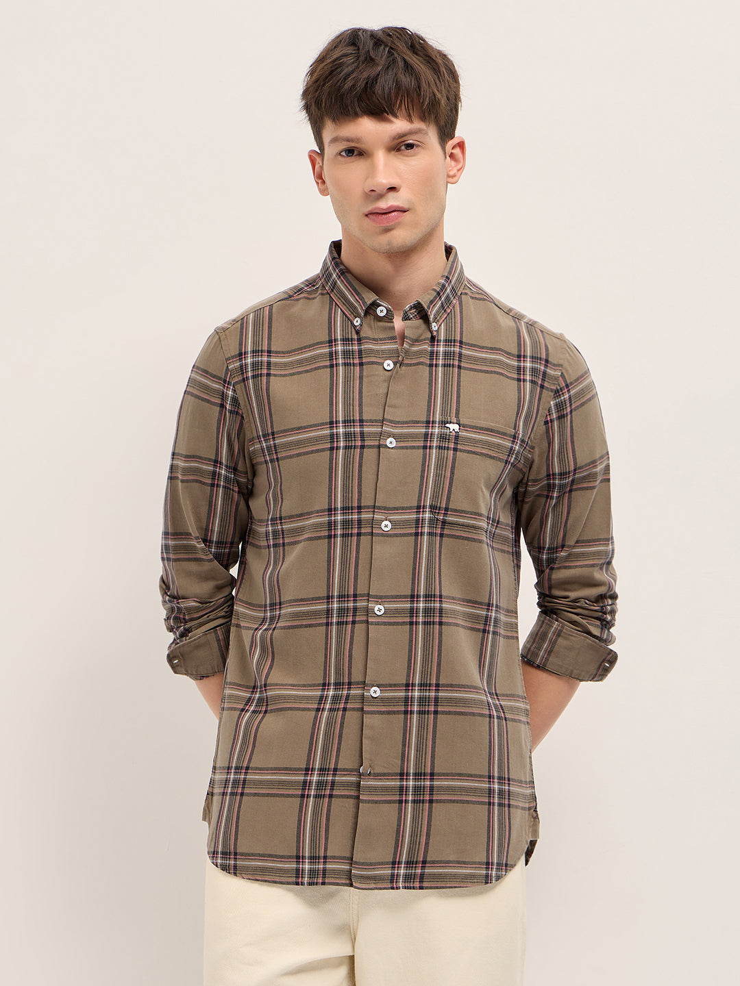 Brown Woven Checked Slim Fit Casual Shirt