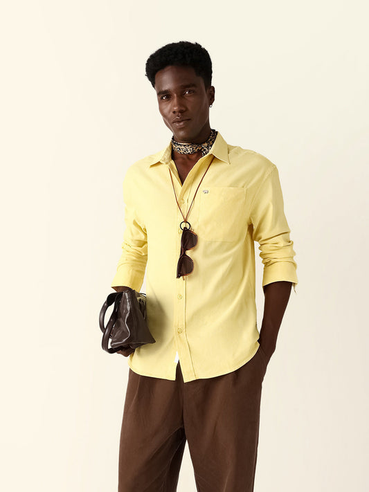 Yellow Solid Cotton Blend Relaxed Fit Casual Shirt