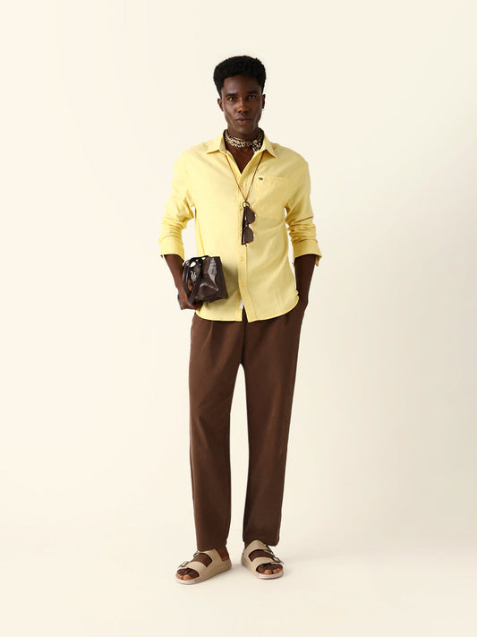 Yellow Solid Cotton Blend Relaxed Fit Casual Shirt