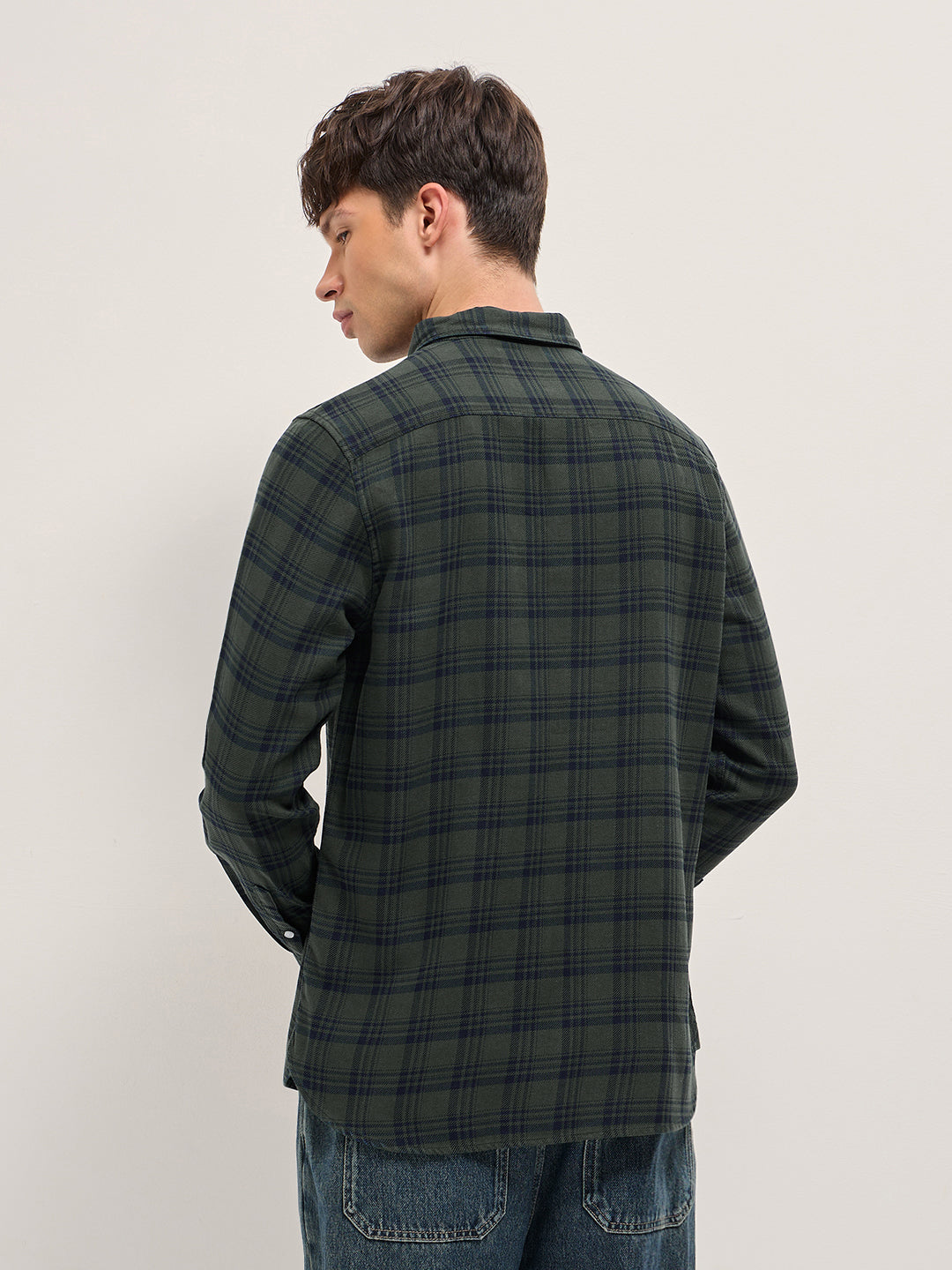 Olive Woven Check Slim Fit Casual Shirt