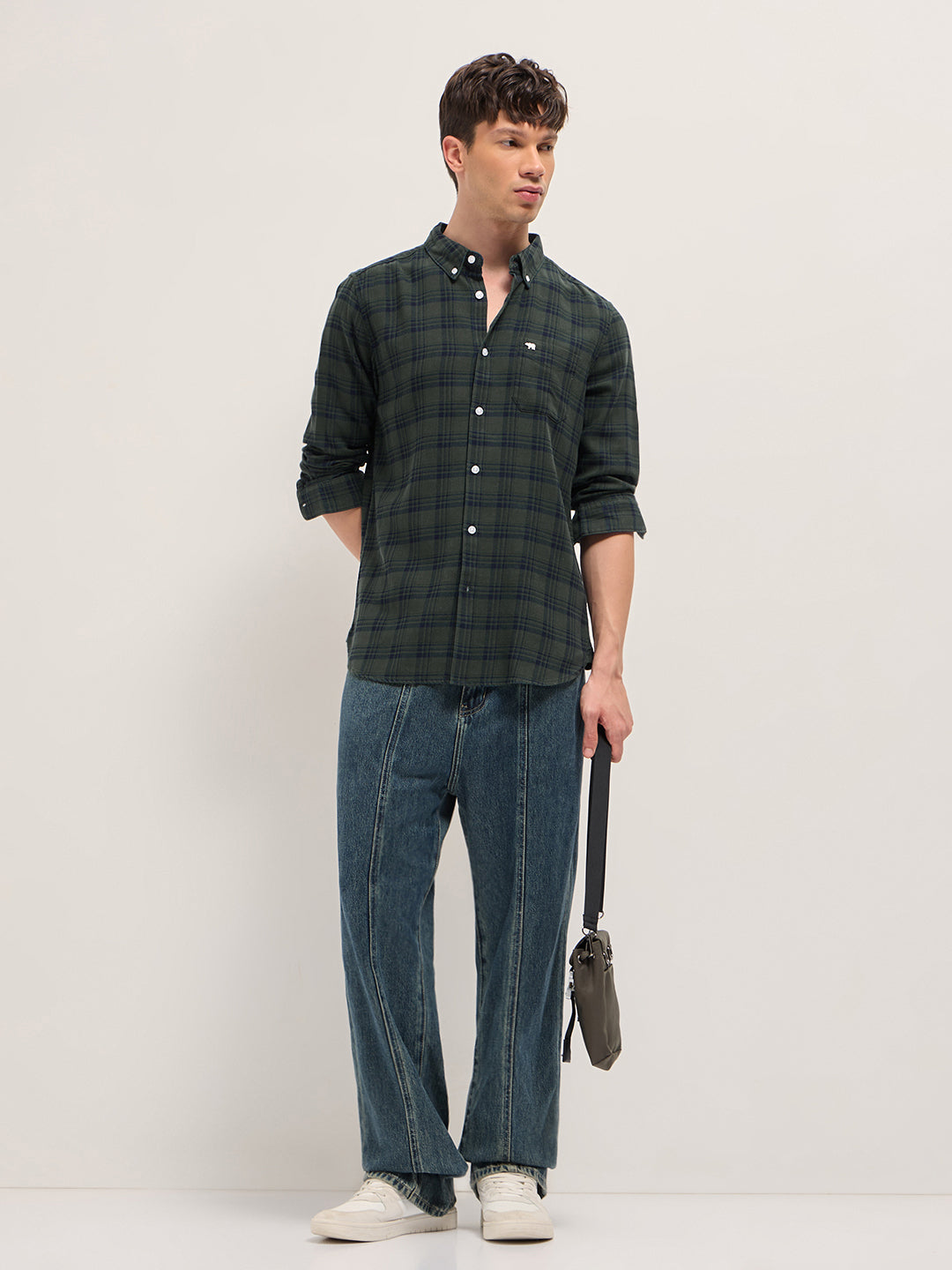 Olive Woven Check Slim Fit Casual Shirt