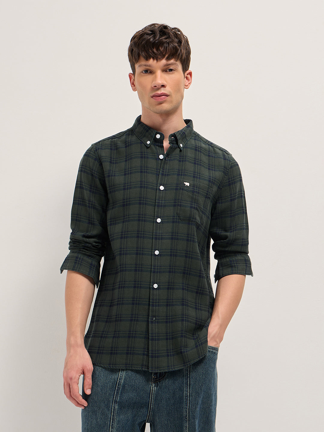 Olive Woven Check Slim Fit Casual Shirt