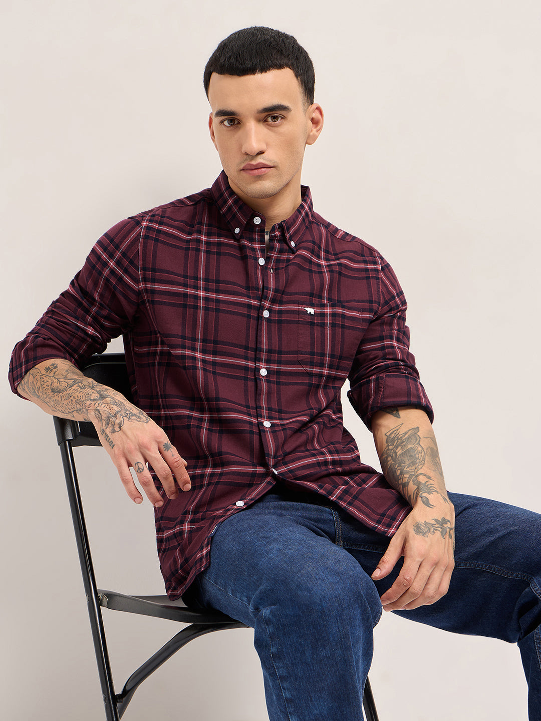 Maroon Woven Checked Slim Fit Casual Shirt