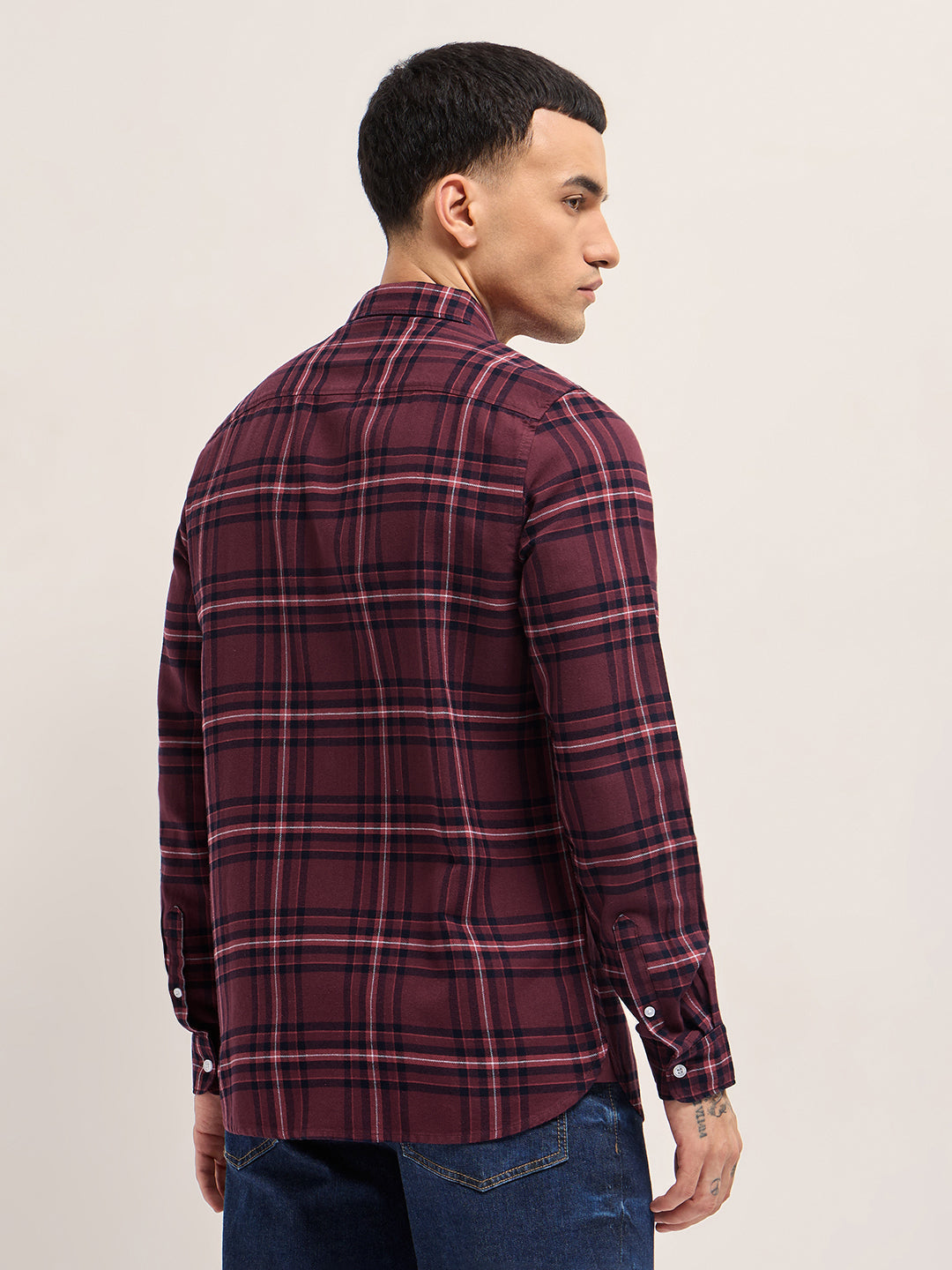 Maroon Woven Checked Slim Fit Casual Shirt