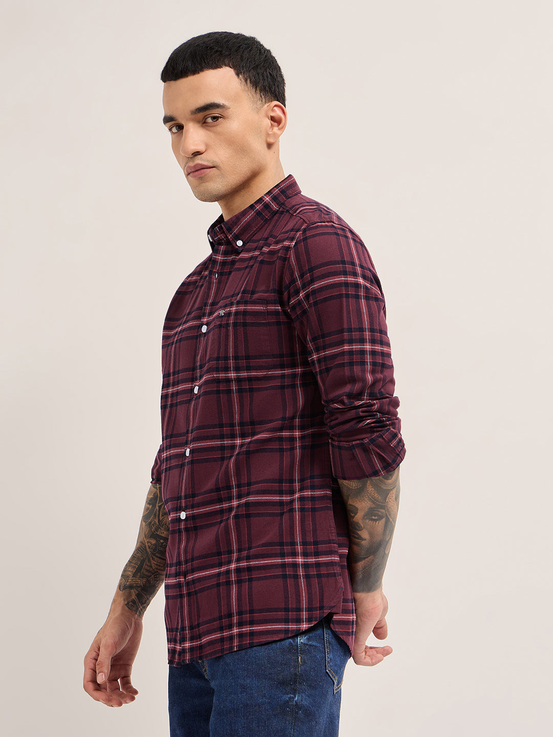 Maroon Woven Checked Slim Fit Casual Shirt