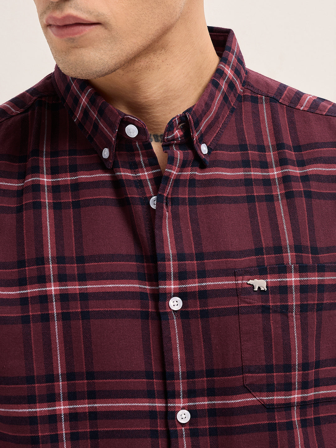 Maroon Woven Checked Slim Fit Casual Shirt