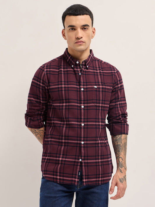 Maroon Woven Checked Slim Fit Casual Shirt