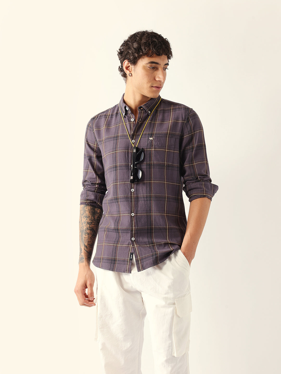 Grey Woven Checked Slim Fit Casual Shirt