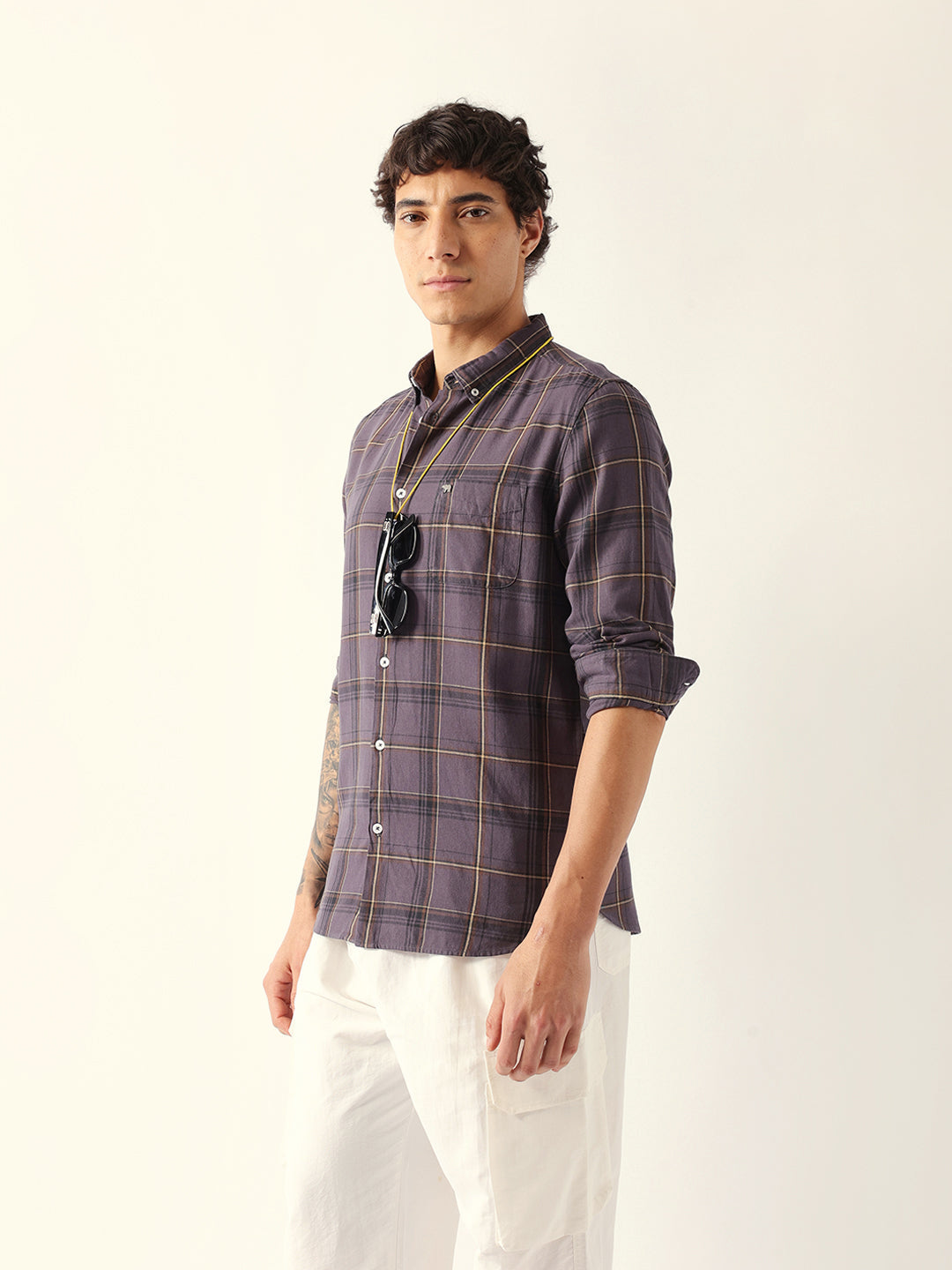 Grey Woven Checked Slim Fit Casual Shirt