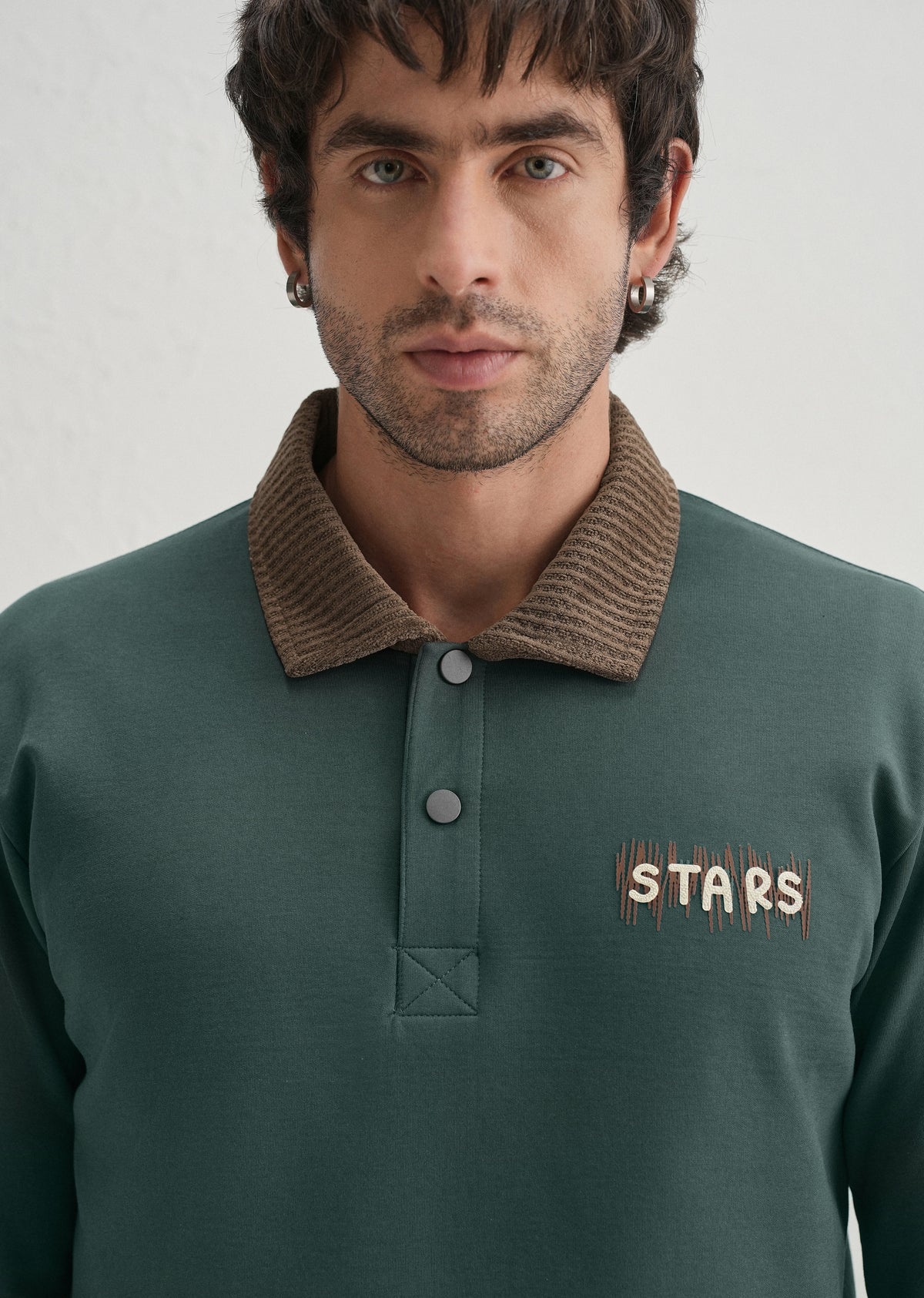 Green Suede Collared Polo Sweatshirt