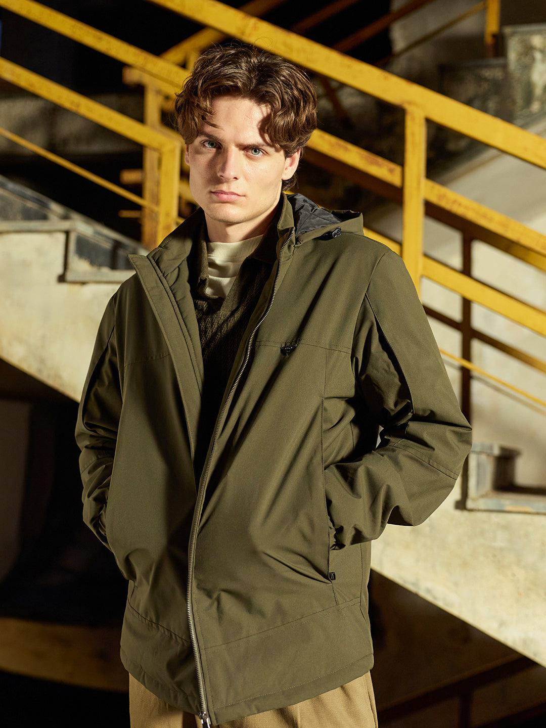 Olive Regular-Fit Utility Jacket with Detachable Hood, Water-Repellent Finish & Hidden Pockets