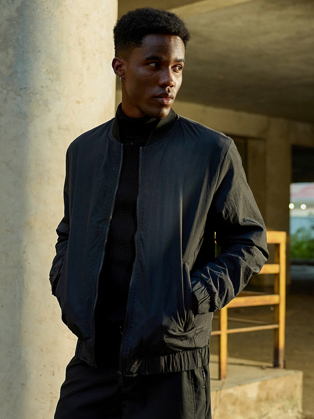 Black Regular Fit Lightweight Crinkle-Texture Bomber Jacket with Mock Neck