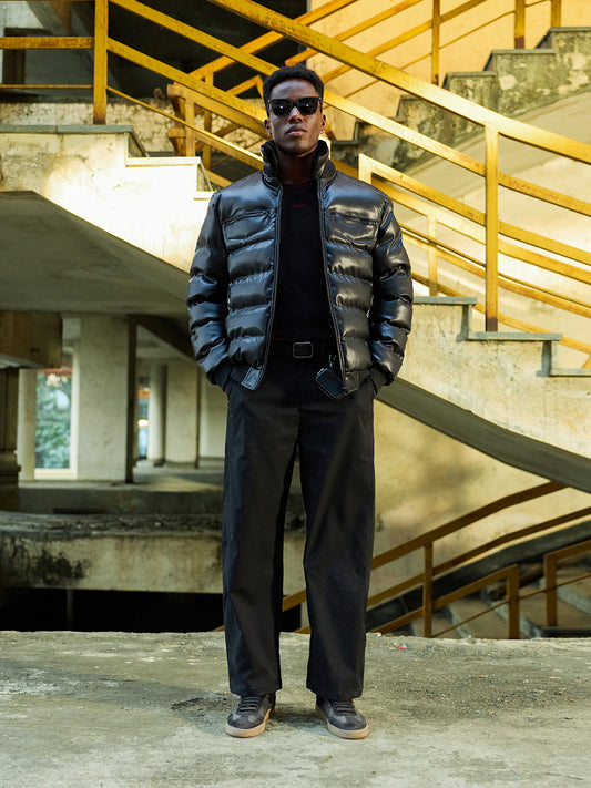 Black Regular Fit Puffer Jacket with Mock Neck and Removable Sherpa