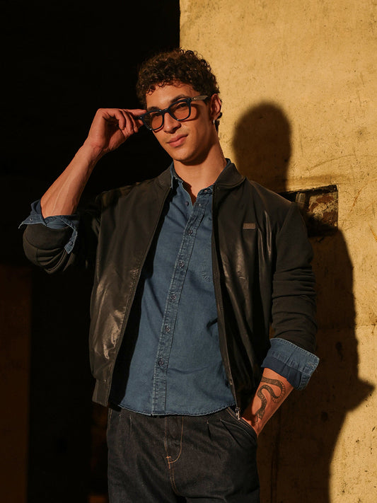 Navy Regular Fit Bomber Jacket with Ribbed Mock Neck & Waffle-Textured Sleeves