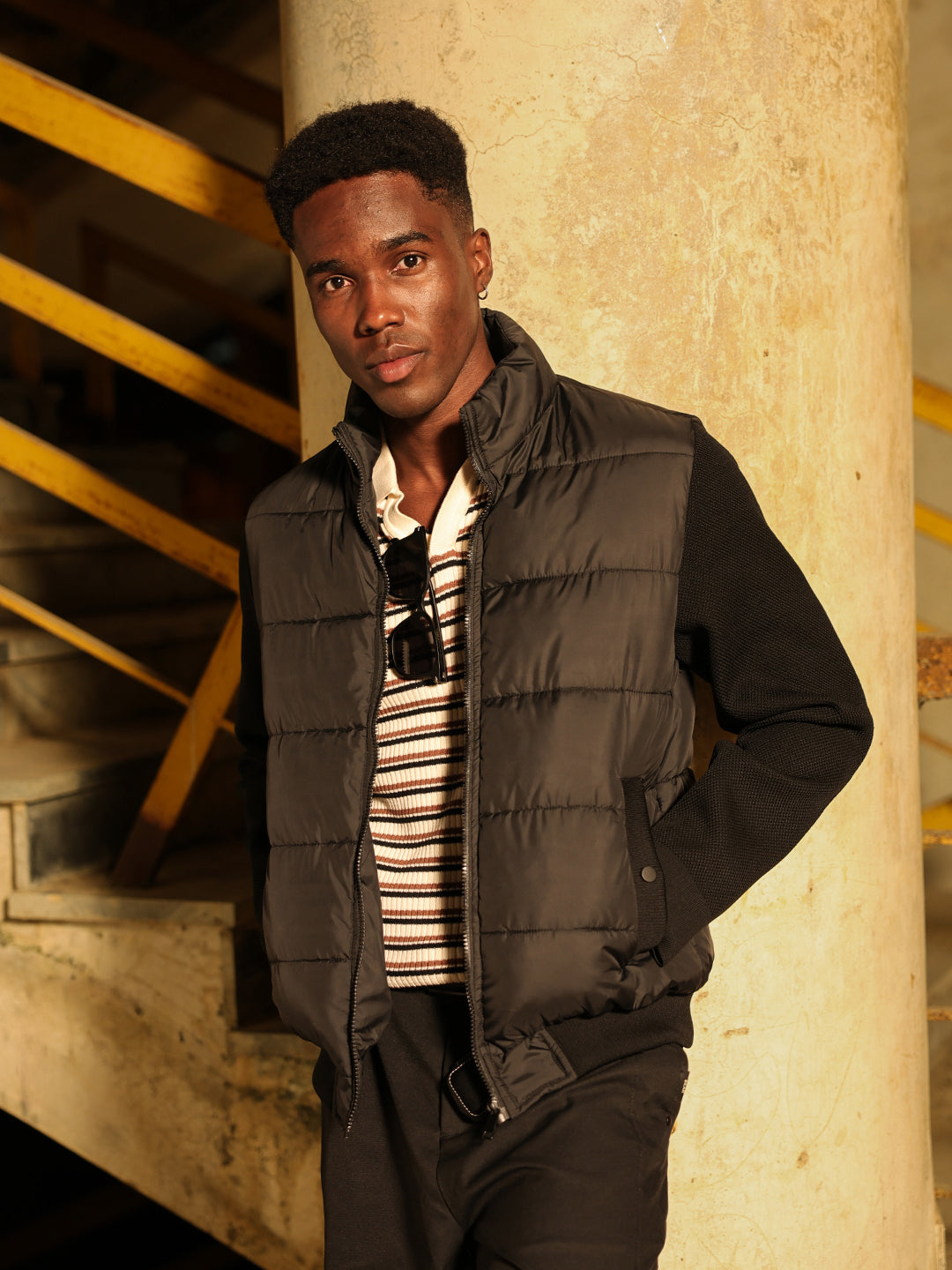 Black Regular Fit Puffer Jacket with High Neck and Textured Knitted Sleeves