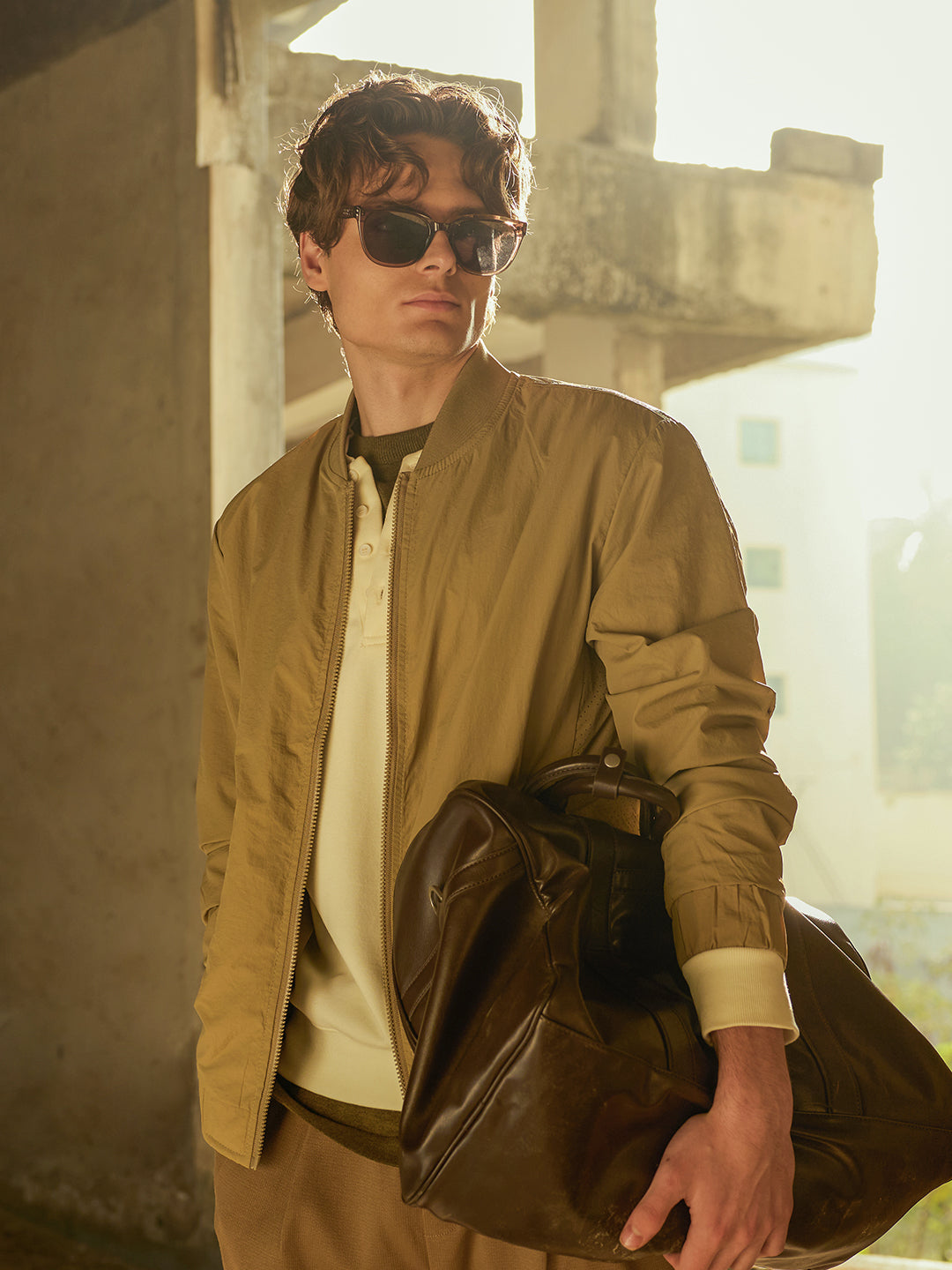 Khaki Regular Fit Lightweight Crinkle-Texture Bomber Jacket with Mock Neck