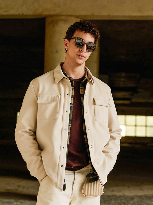 Off-White Reversible Jacket with Regular Collar, Snap-Button Closure & Chest Flap Pockets