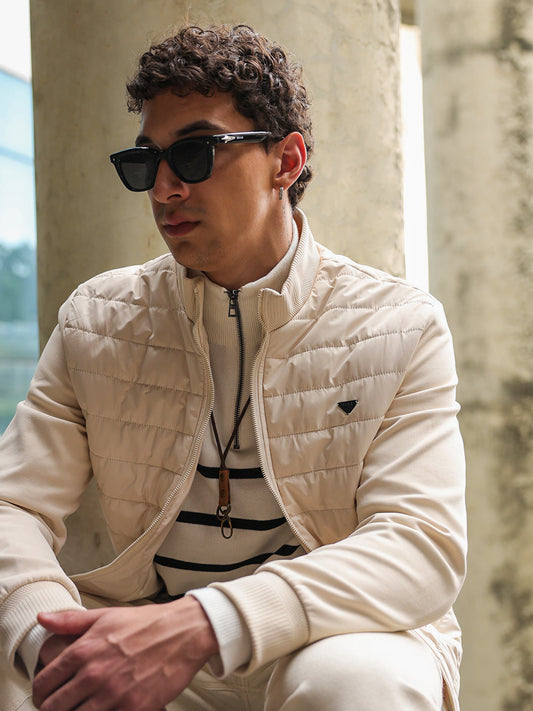 Cream Regular Fit Puffer Jacket with Ribbed High Neck and Concealed Zipper Pockets