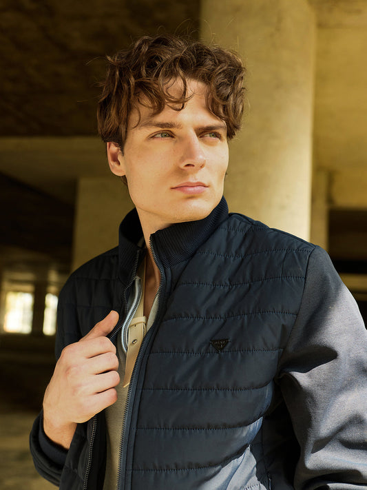 Black Regular Fit Puffer Jacket with Ribbed High Neck and Concealed Zipper Pockets