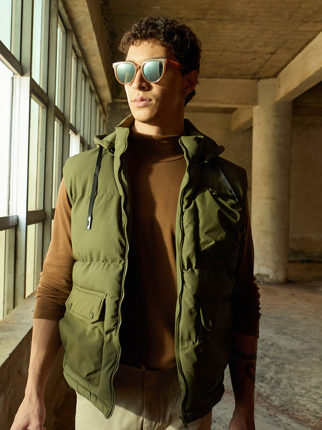 Olive Textured Regular Fit Gilet Puffer Jacket with Utility Pockets
