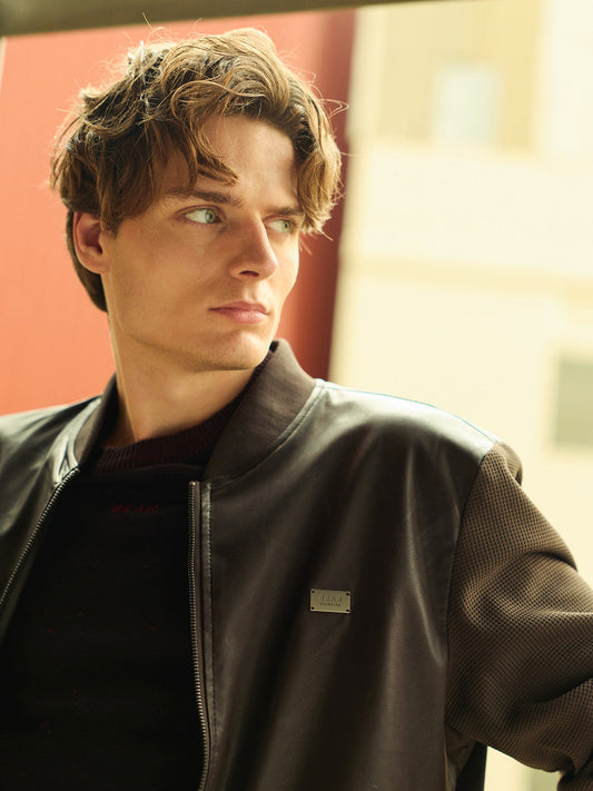 Brown Regular Fit Bomber Jacket with Ribbed Mock Neck & Waffle-Textured Sleeves