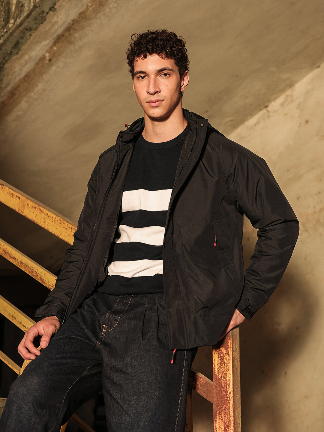Black Regular Fit Utility Jacket with Detachable Hood and Water-Repellent Finish