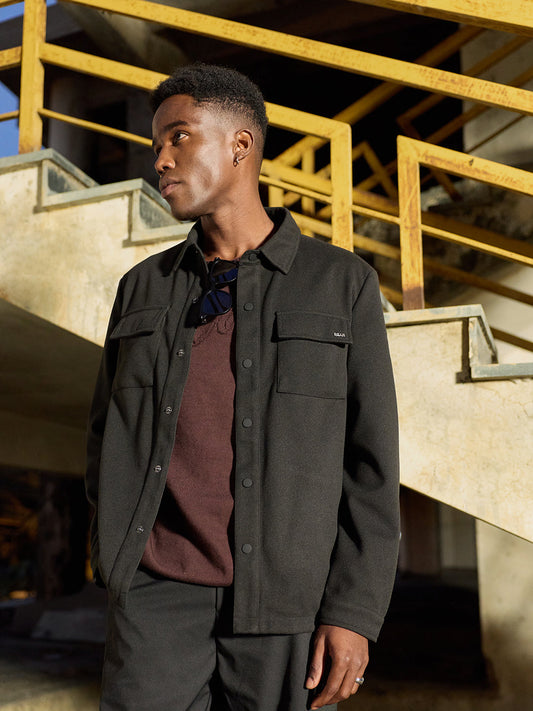 Black Reversible Jacket with Regular Collar, Snap-Button Closure & Chest Flap Pockets