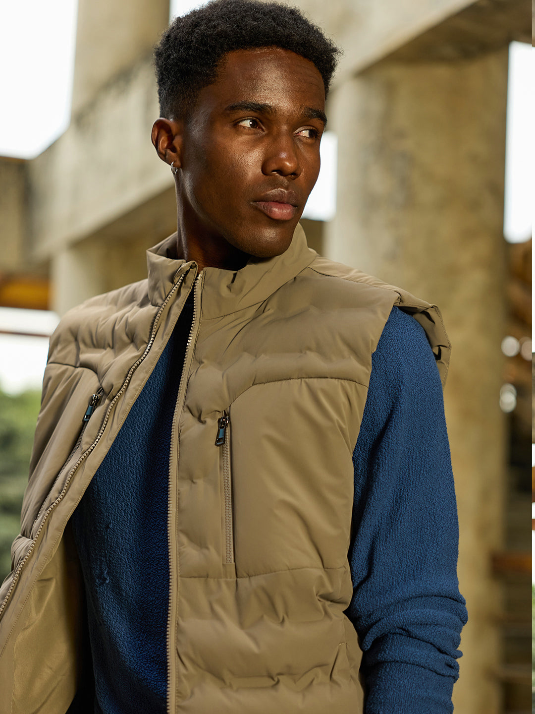 Light Brown Solid Regular Fit Gilet Puffer Jacket with Utility Zipper Pockets