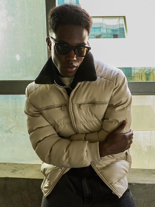 Beige Regular Fit Puffer Jacket with Mock Neck and Removable Sherpa