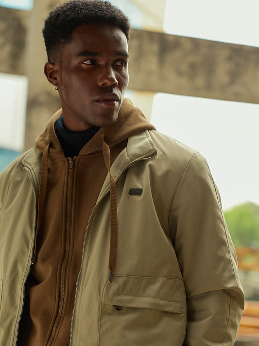 Beige Relax Fit Bomber Jacket with High-Neck Design and Cut-and-Sew Sleeves