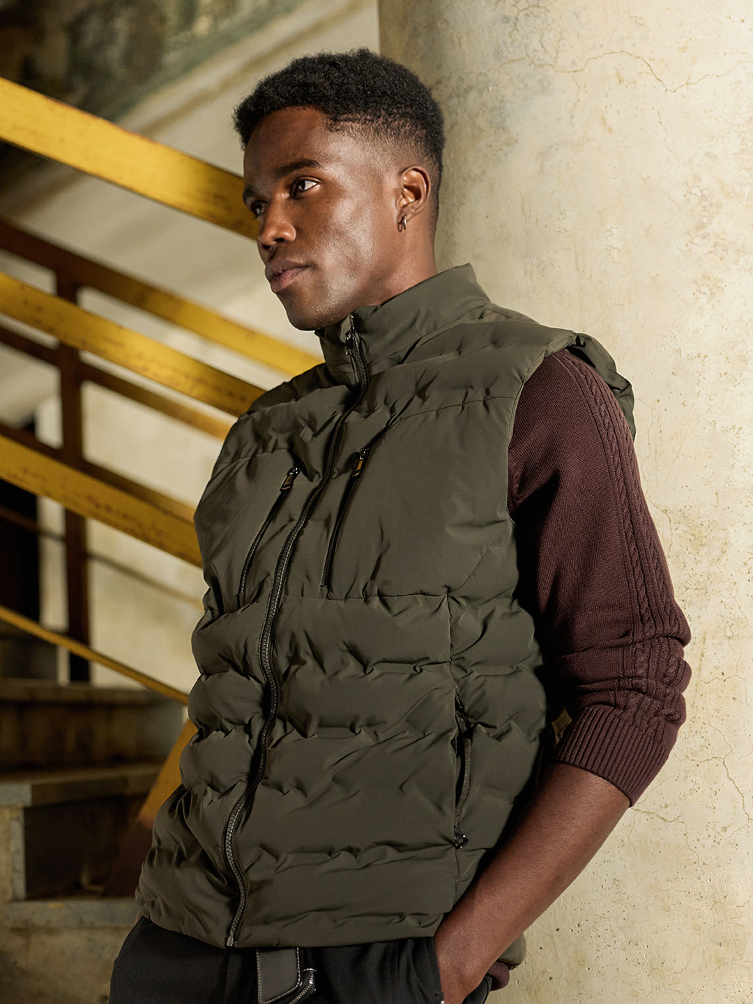 Olive Solid Regular Fit Gilet Puffer Jacket with Utility Zipper Pockets