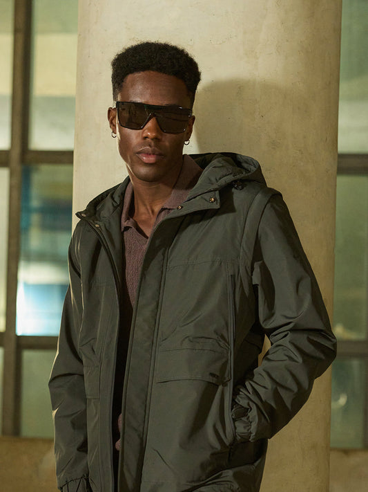 Olive Regular-Fit Utility Jacket with Detachable Sleeves, Water-Repellent Finish & Invisible Zipper Pocket