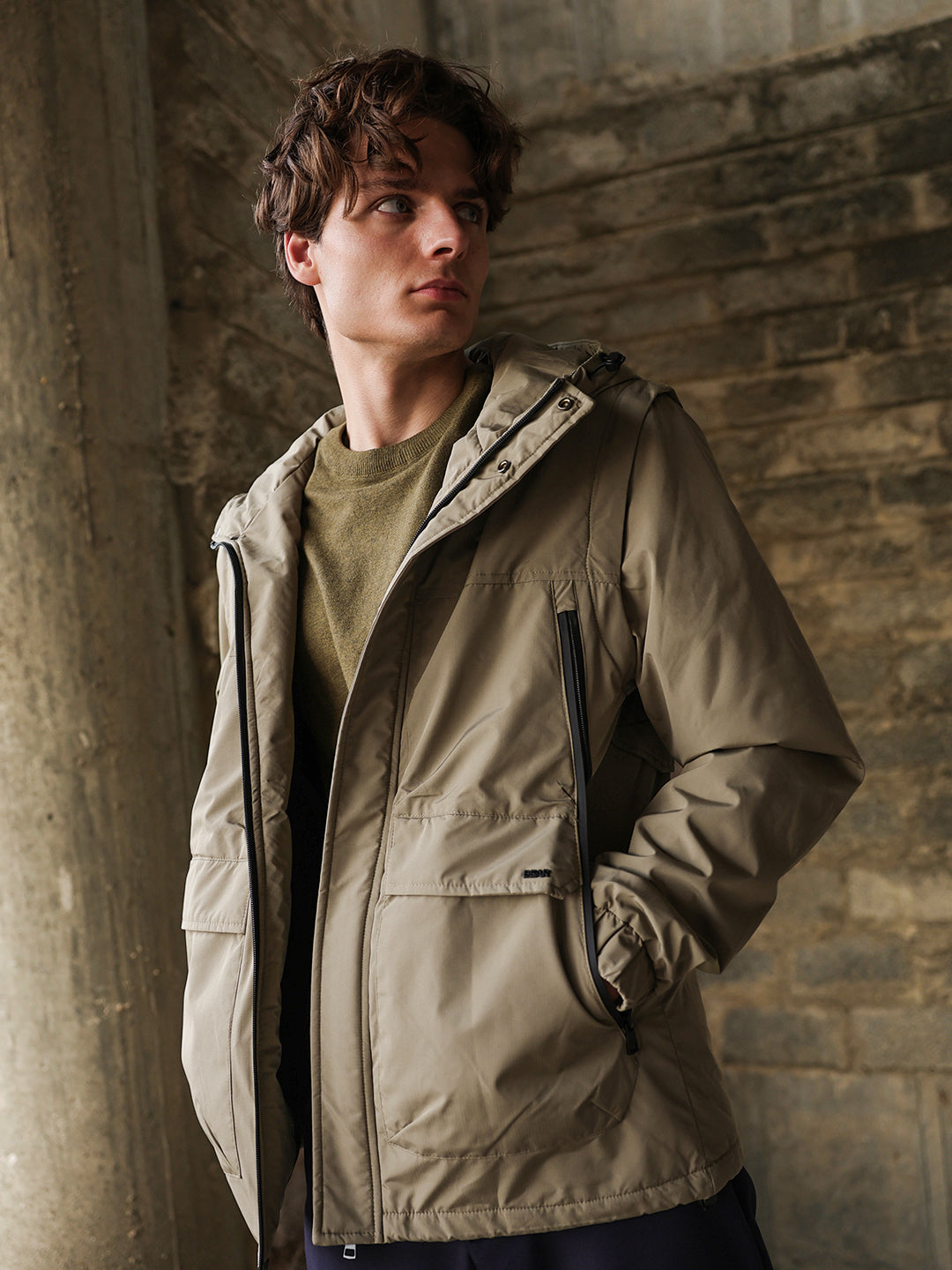 Khaki Regular-Fit Utility Jacket with Detachable Sleeves, Water-Repellent Finish & Invisible Zipper Pocket
