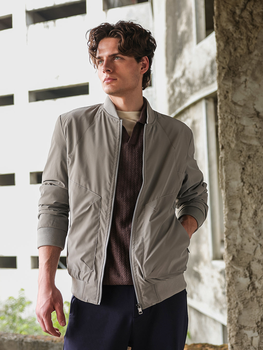 Light Grey Regular Fit Mock Neck Bomber Jacket with Zipper Pocket