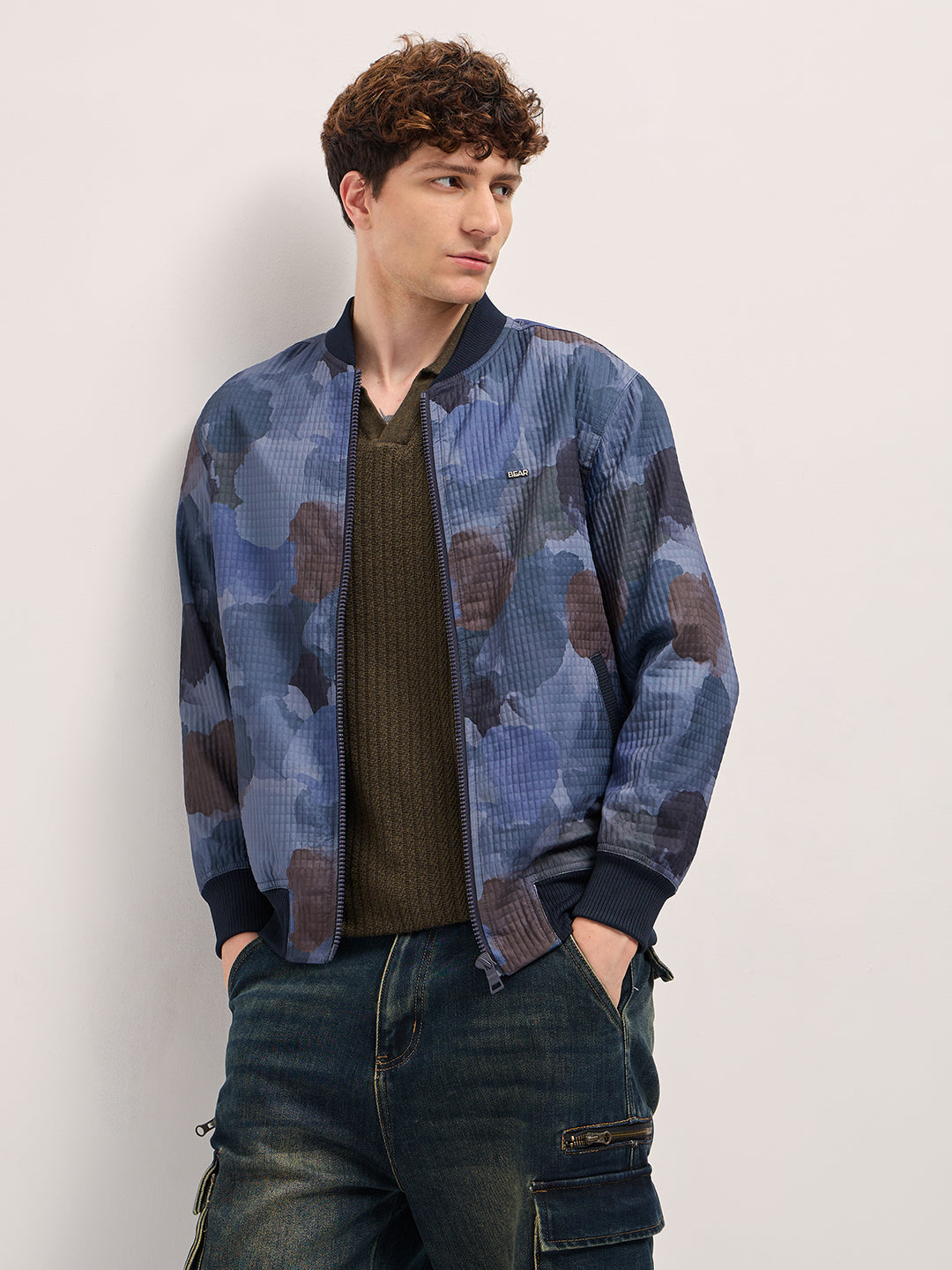 Navy Camouflage Bomber Jacket with Ribbed Details