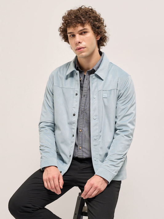 Light Blue Regular Fit Snap Button Closure with Classic Collar Jacket