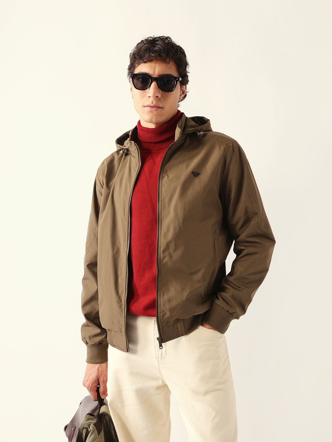 Olive Regular Fit Bomber Jacket with Detachable Hood & Raglan Sleeves