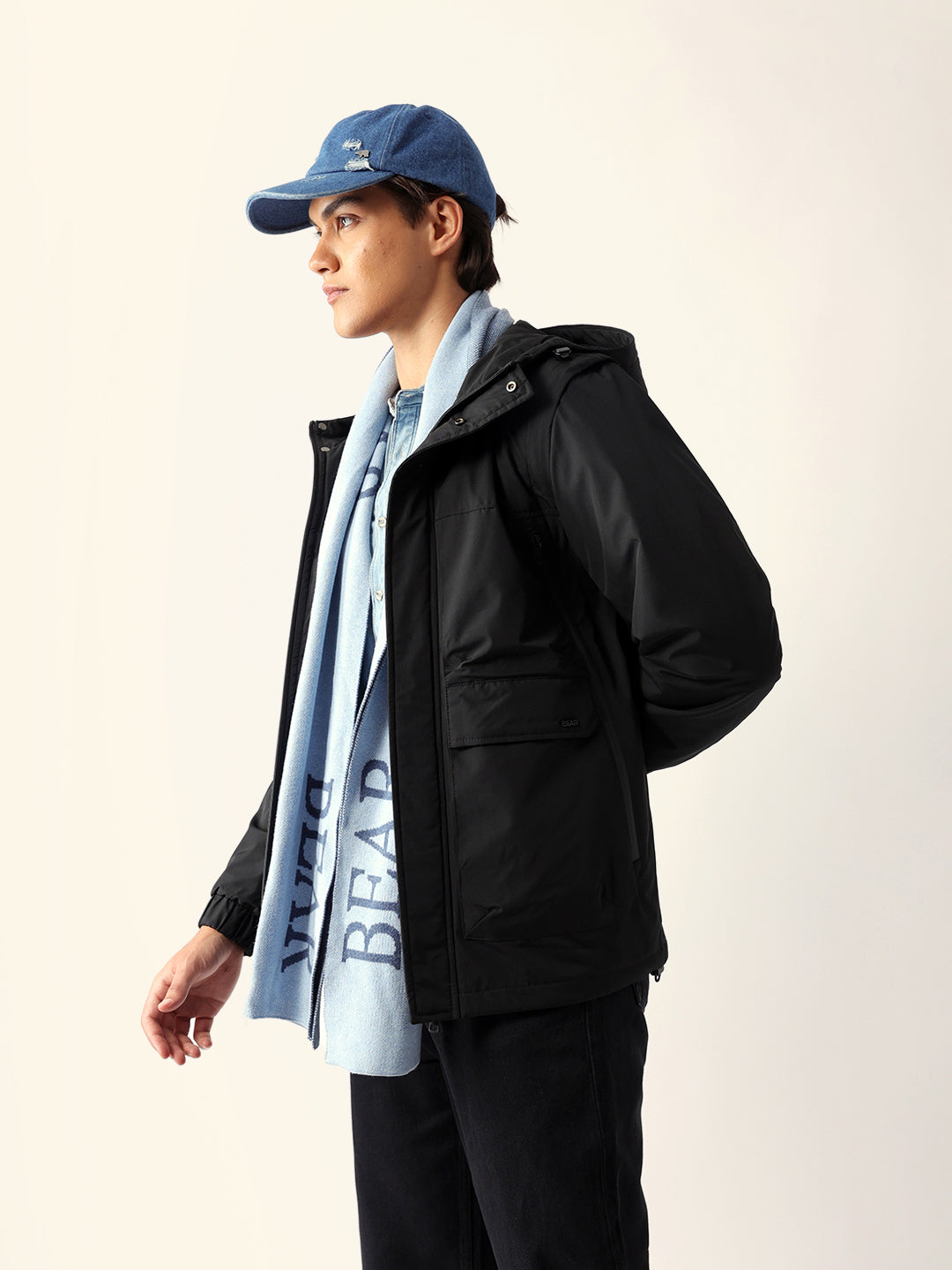 Black Regular-Fit Utility Jacket with Detachable Sleeves, Water-Repellent Finish & Invisible Zipper Pocket