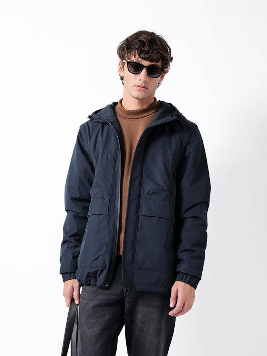 Navy Regular-Fit Utility Jacket with Detachable Sleeves, Water-Repellent Finish & Invisible Zipper Pocket