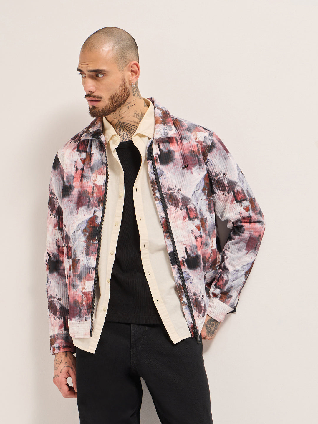 Multi-color Regular fit Abstract Print Jacket with a Spread Collar