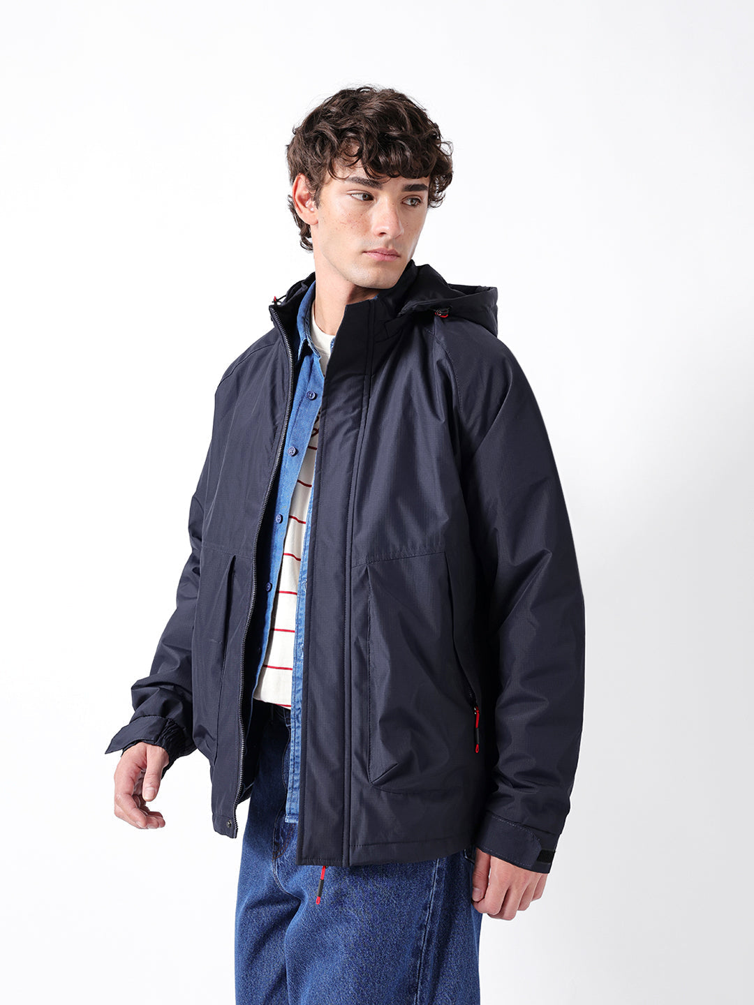 Navy Regular Fit Utility Jacket with Detachable Hood and Water-Repellent Finish