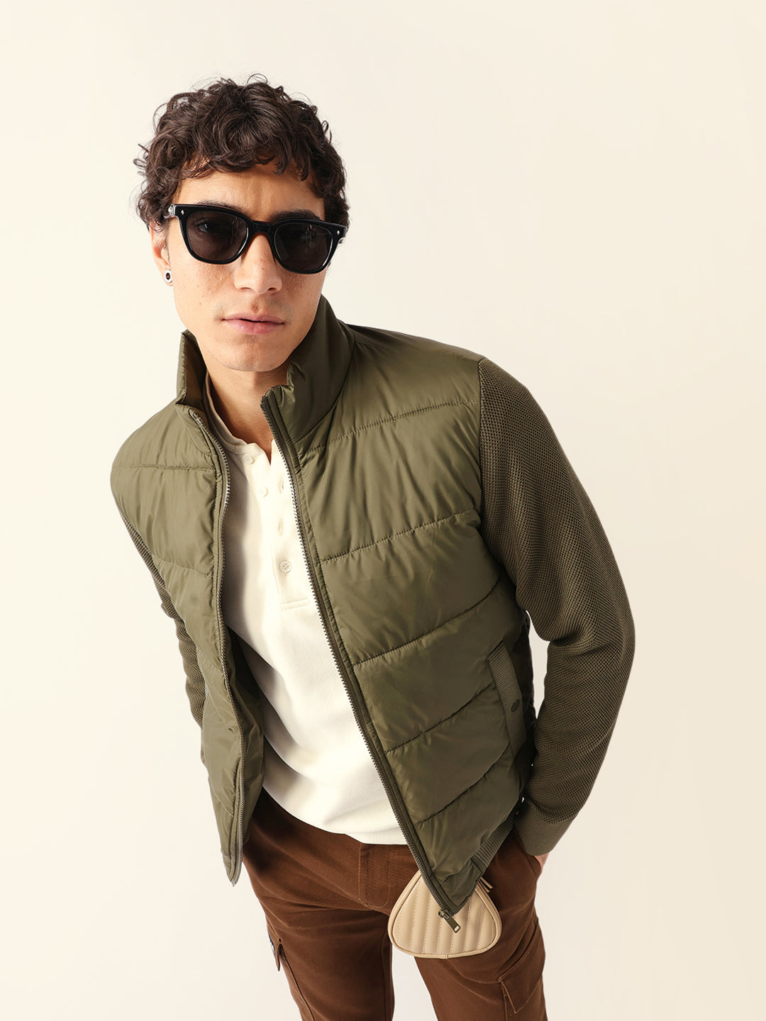 Olive Regular Fit Puffer Jacket with High Neck and Textured Knitted Sleeves