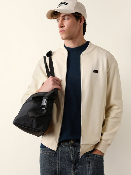 Cream Relax Fit Mock Neck Jacket with Zipper Closure – Classic Solid Design