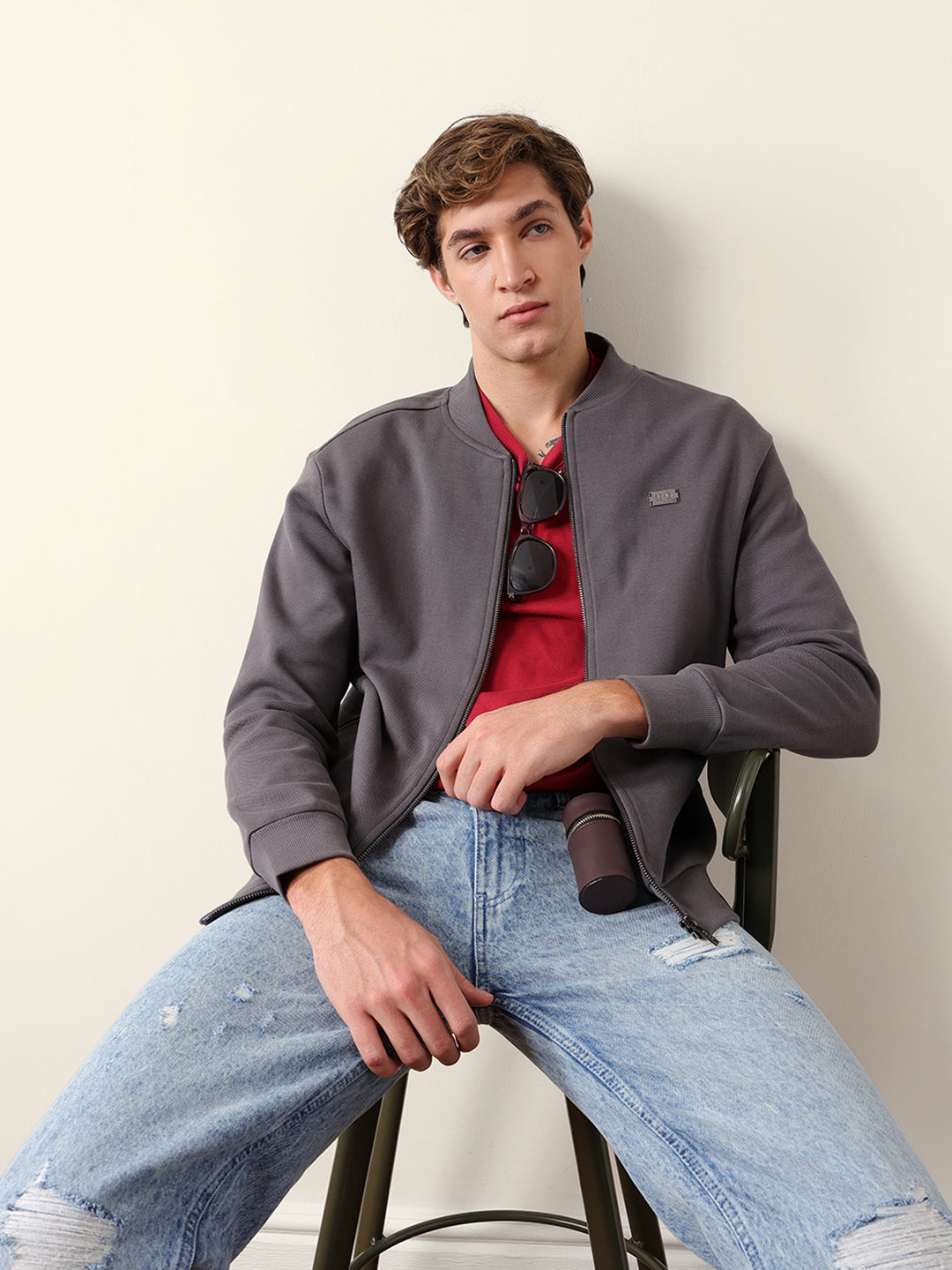 Grey Relax Fit Mock Neck Jacket with Zipper Closure – Classic Solid Design