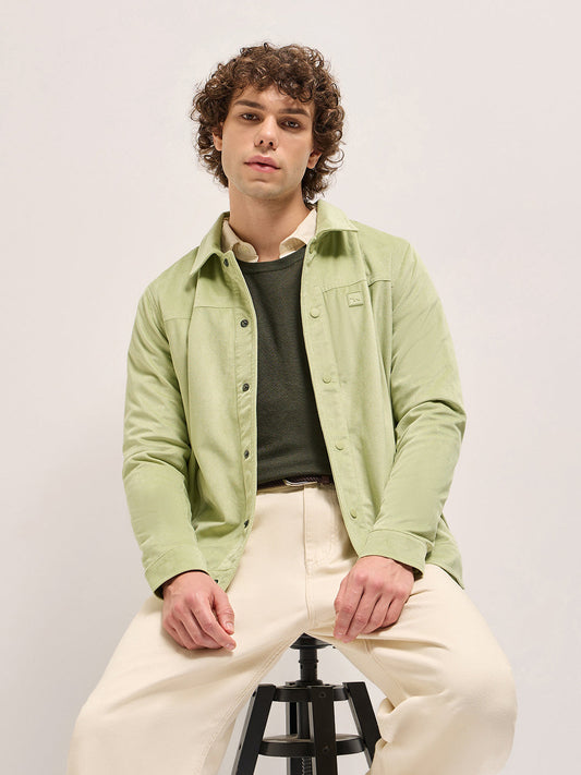 Light Green Regular Fit Snap Button Closure with Classic Collar Jacket
