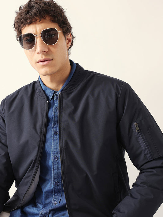 Navy Reversible Bomber/Quilted Jacket with Mock Neck and Utility Sleeve Pocket