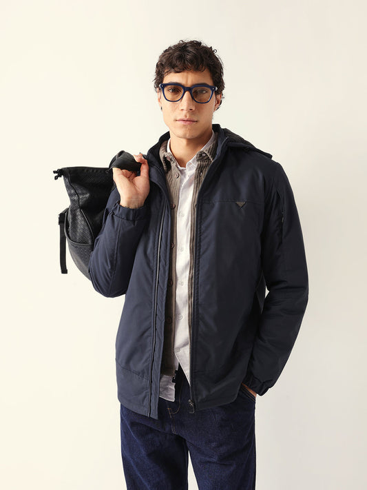 Navy Regular-Fit Utility Jacket with Detachable Hood, Water-Repellent Finish & Hidden Pockets