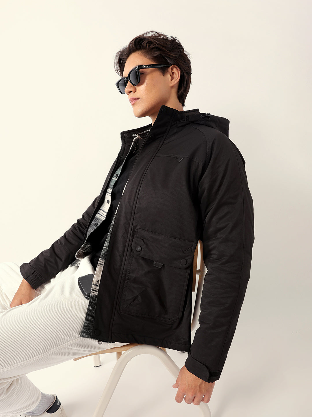 Black Regular Fit Utility Jacket with Detachable Hood, Raglan Sleeves & Multi-Pockets